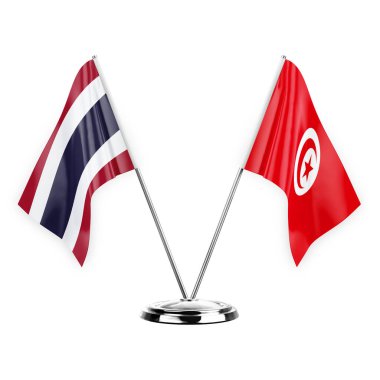 Two table flags isolated on white background 3d illustration, thailand and tunisia