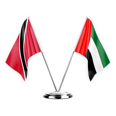 Two table flags isolated on white background 3d illustration, trinidad tobago and united arab emirates