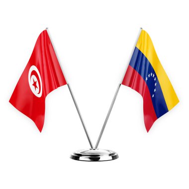 Two table flags isolated on white background 3d illustration, tunisia and venezuela
