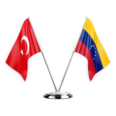 Two table flags isolated on white background 3d illustration, turkey and venezuela