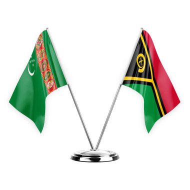 Two table flags isolated on white background 3d illustration, turkmenistan and vanuatu