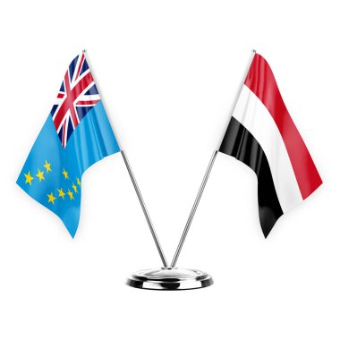 Two table flags isolated on white background 3d illustration, tuvalu and yemen