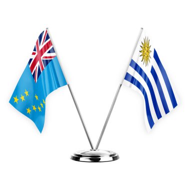 Two table flags isolated on white background 3d illustration, tuvalu and uruguay