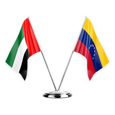 Two table flags isolated on white background 3d illustration, united arab emirates and venezuela