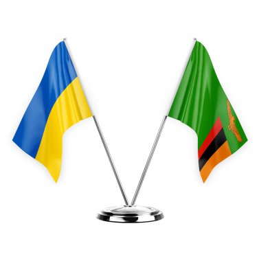 Two table flags isolated on white background 3d illustration, ukraine and zambia