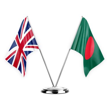Two table flags isolated on white background 3d illustration, united kingdom and bangladesh