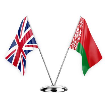 Two table flags isolated on white background 3d illustration, united kingdom and belarus