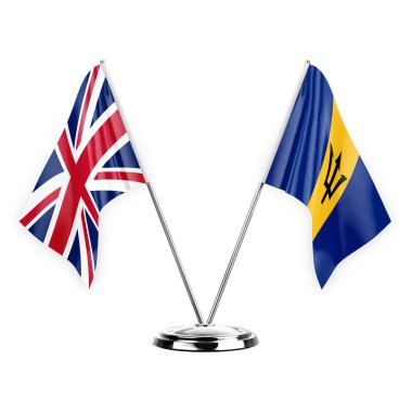 Two table flags isolated on white background 3d illustration, united kingdom and barbados