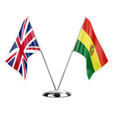 Two table flags isolated on white background 3d illustration, united kingdom and bolivia