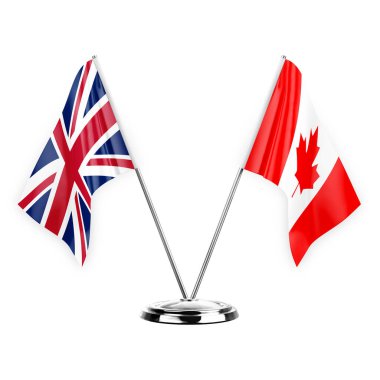 Two table flags isolated on white background 3d illustration, united kingdom and canada