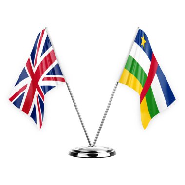 Two table flags isolated on white background 3d illustration, united kingdom and central african republic
