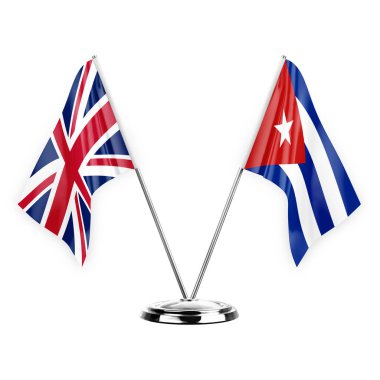 Two table flags isolated on white background 3d illustration, united kingdom and cuba