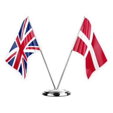 Two table flags isolated on white background 3d illustration, united kingdom and denmark
