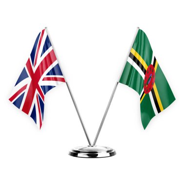 Two table flags isolated on white background 3d illustration, united kingdom and dominica