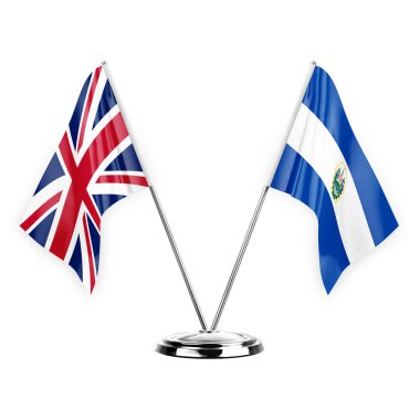 Two table flags isolated on white background 3d illustration, united kingdom and el salvador