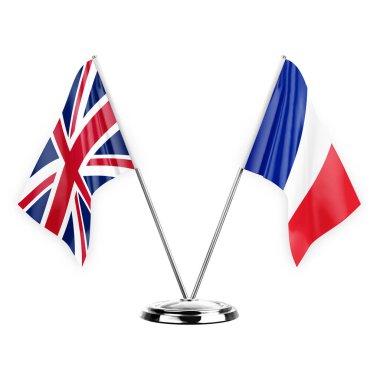 Two table flags isolated on white background 3d illustration, united kingdom and france