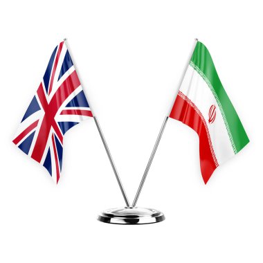 Two table flags isolated on white background 3d illustration, united kingdom and iran