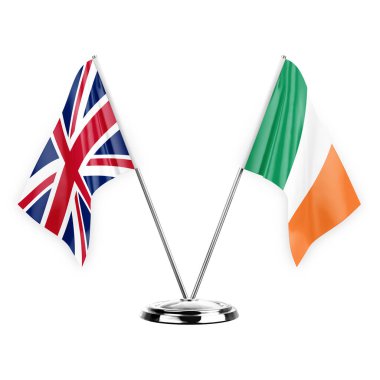 Two table flags isolated on white background 3d illustration, united kingdom and ireland