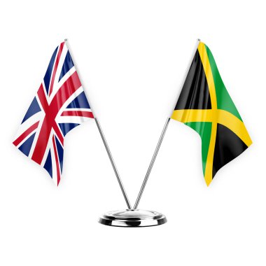 Two table flags isolated on white background 3d illustration, united kingdom and jamaica