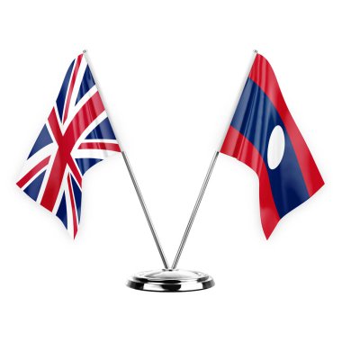 Two table flags isolated on white background 3d illustration, united kingdom and laos