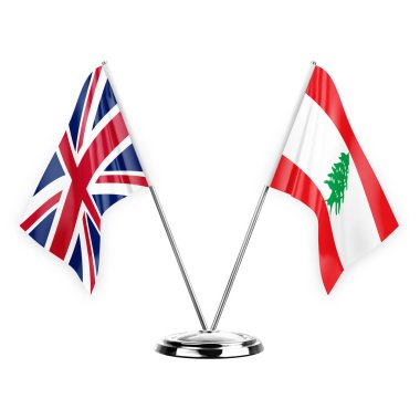 Two table flags isolated on white background 3d illustration, united kingdom and lebanon