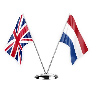Two table flags isolated on white background 3d illustration, united kingdom and netherlands
