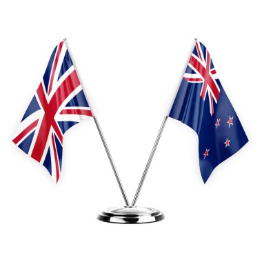 Two table flags isolated on white background 3d illustration, united kingdom and new zealand