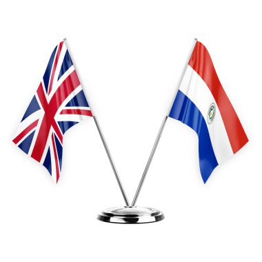 Two table flags isolated on white background 3d illustration, united kingdom and paraguay