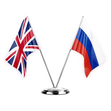 Two table flags isolated on white background 3d illustration, united kingdom and russia