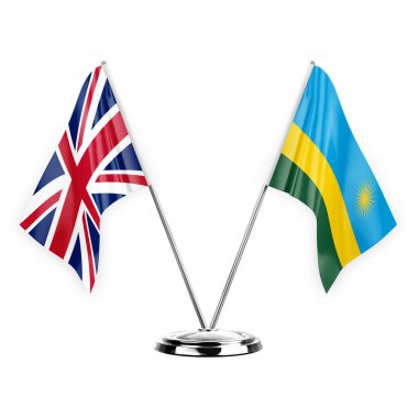 Two table flags isolated on white background 3d illustration, united kingdom and rwanda