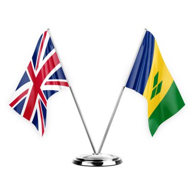 Two table flags isolated on white background 3d illustration, united kingdom and saint vincent and the grenadines