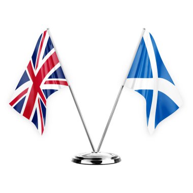 Two table flags isolated on white background 3d illustration, united kingdom and scotland