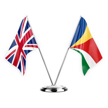 Two table flags isolated on white background 3d illustration, united kingdom and seychelles