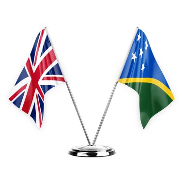 Two table flags isolated on white background 3d illustration, united kingdom and solomon islands