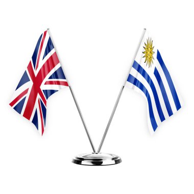 Two table flags isolated on white background 3d illustration, united kingdom and uruguay