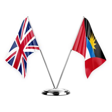 Two table flags isolated on white background 3d illustration, united kingdom and antigua barbuda