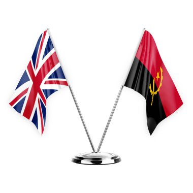 Two table flags isolated on white background 3d illustration, united kingdom and angola