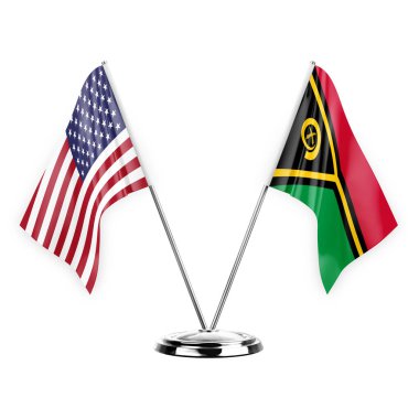 Two table flags isolated on white background 3d illustration, united states of america and vanuatu