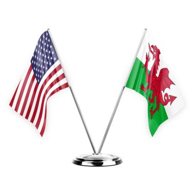 Two table flags isolated on white background 3d illustration, united states of america and wales