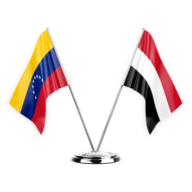 Two table flags isolated on white background 3d illustration, venezuela and yemen