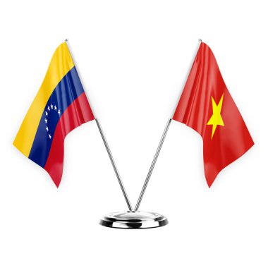 Two table flags isolated on white background 3d illustration, venezuela and vietnam