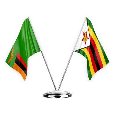 Two table flags isolated on white background 3d illustration, zambia and zimbabwe