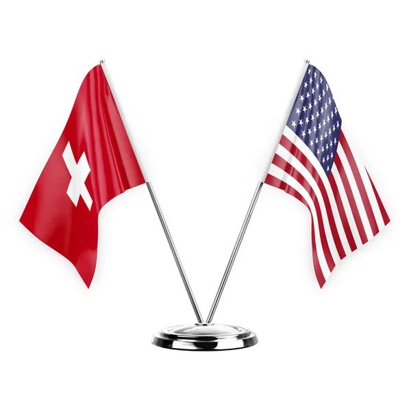 Two Table Flags Isolated White Background Illustration Switzerland Usa — Fotografia de Stock