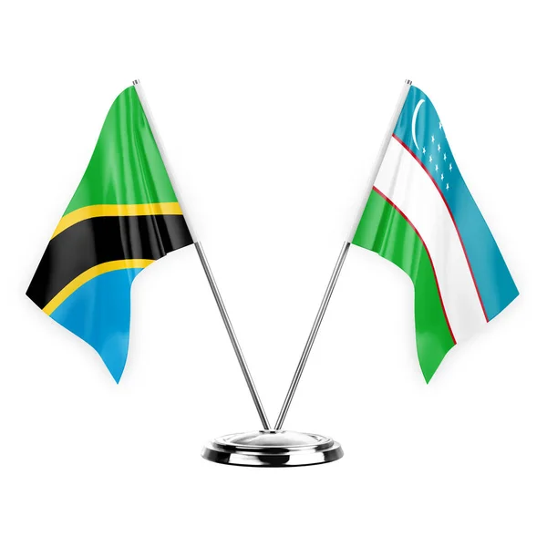 Two Table Flags Isolated White Background Illustration Tanzania Uzbekistan — стоковое фото