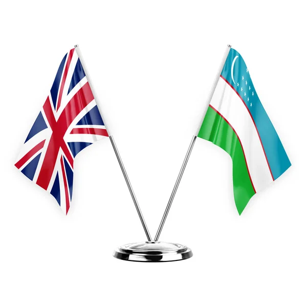 Two Table Flags Isolated White Background Illustration United Kingdom Uzbekistan — 图库照片