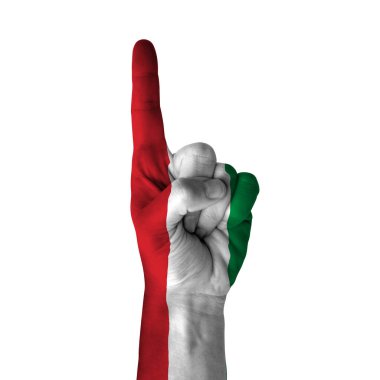 Hand pointing thumb up direction, hungary painted with flag as symbol of up direction, first and number one symbol - isolated on white background