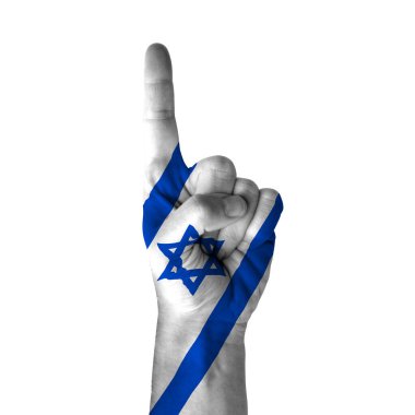 Hand pointing thumb up direction, israel painted with flag as symbol of up direction, first and number one symbol - isolated on white background