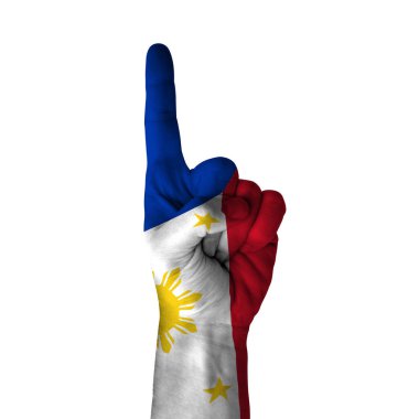 Hand pointing thumb up direction, philippines painted with flag as symbol of up direction, first and number one symbol - isolated on white background