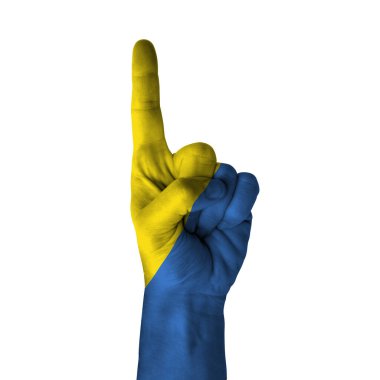 Hand pointing thumb up direction, ukraine painted with flag as symbol of up direction, first and number one symbol - isolated on white background