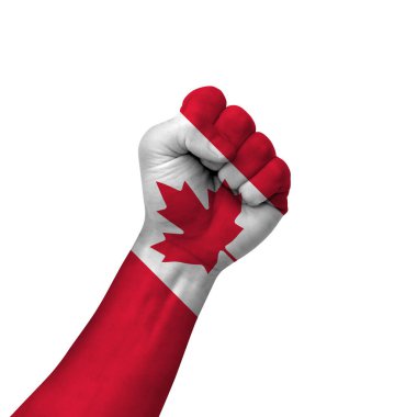 Hand making victory sign, canada painted with flag as symbol of victory, resistance, fight, power, protest, success - isolated on white background